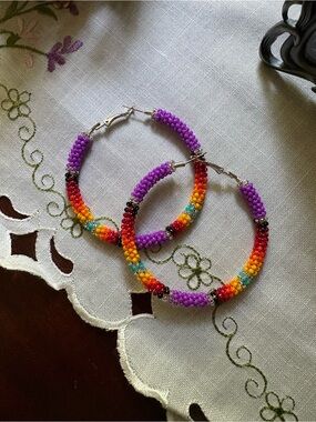 Handmade in Cherokee Purple Multi-Color Beaded Hoop Earrings - Women Jewelry